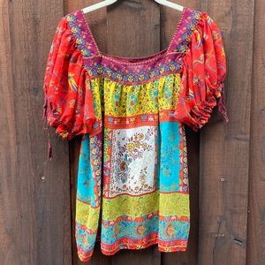 ECI peasant top flowy Medium colorful tassel sleeves boho crochet trim